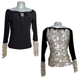 Y2K BCBE Sequined Exposed Mesh Back Top Black Gold Long Sleeve Medium Glam Party